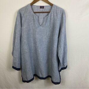 Untuckit Blue Linen Tunic with Navy Trim Size 10